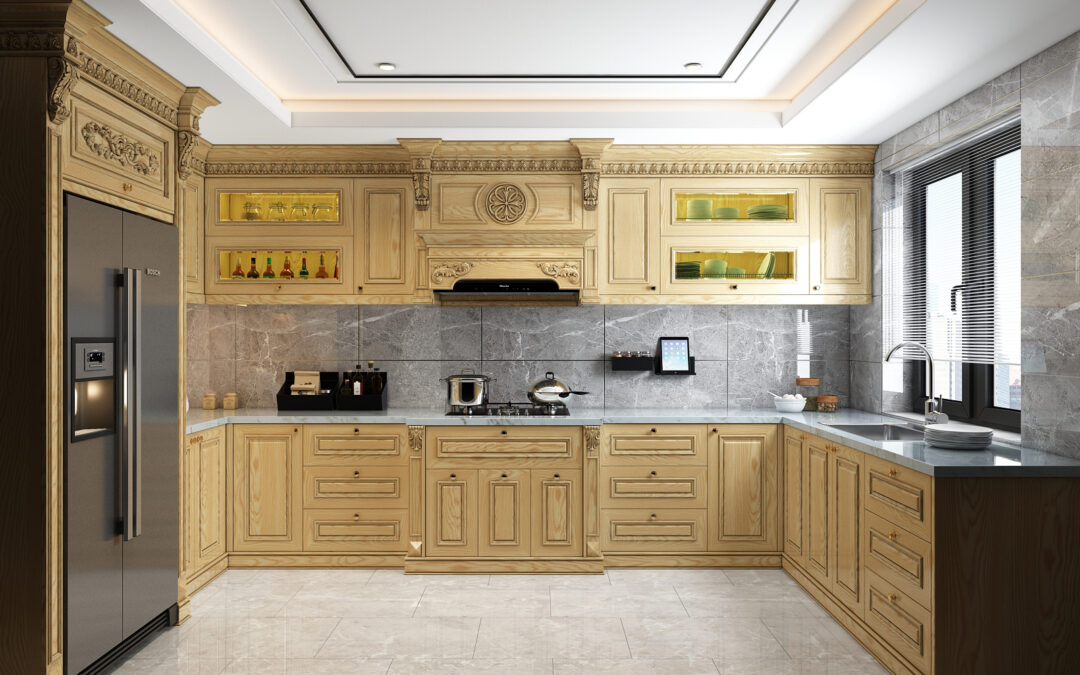 Thiế kế thi công tủ bếp gỗ tần bì (gỗ ash / sồi Nga) chữ U