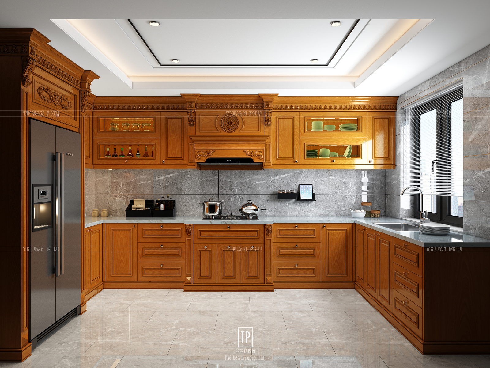 Tủ bếp gỗ gõ đỏ TB17 - Góc nhìn 1