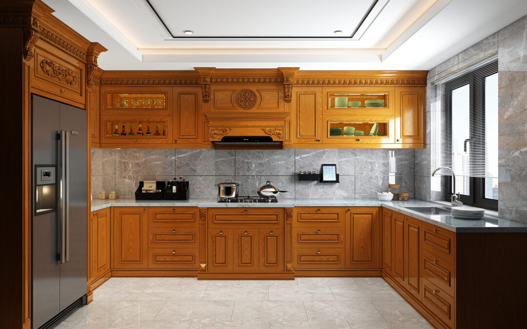 Thiết kế thi công tủ bếp gỗ gõ đỏ hình chữ U
