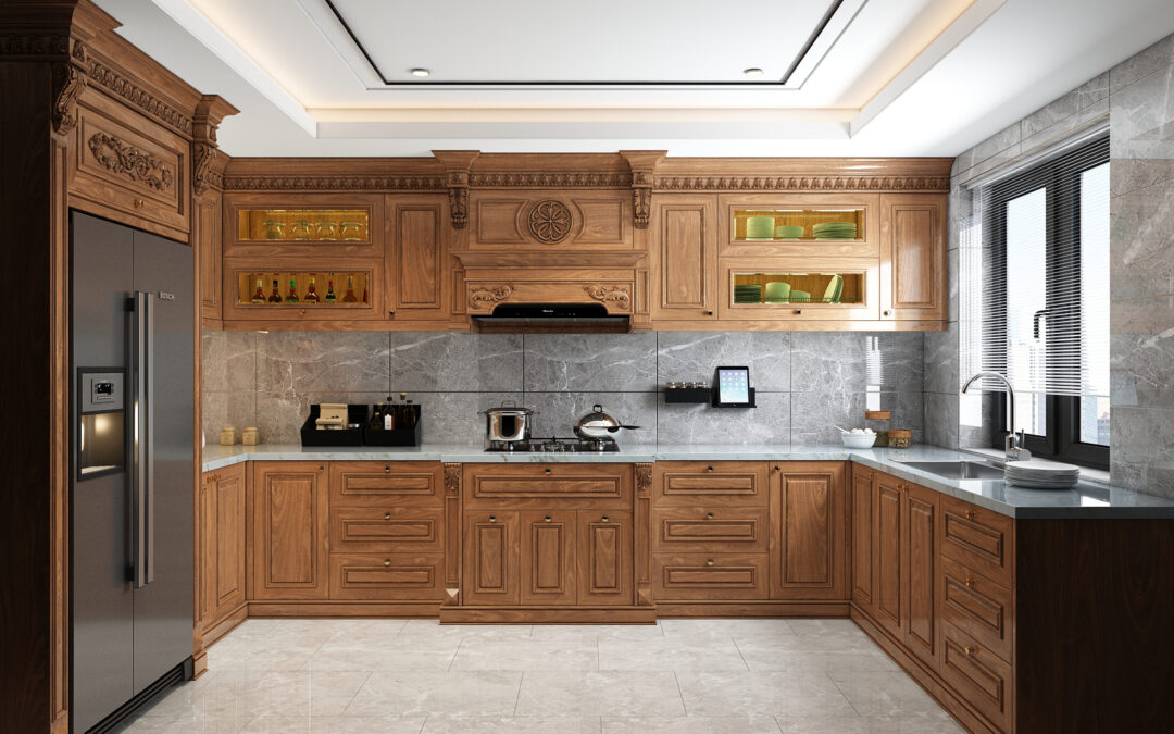 Thiết kế thi công tủ bếp gỗ óc chó (walnut) hình chữ U