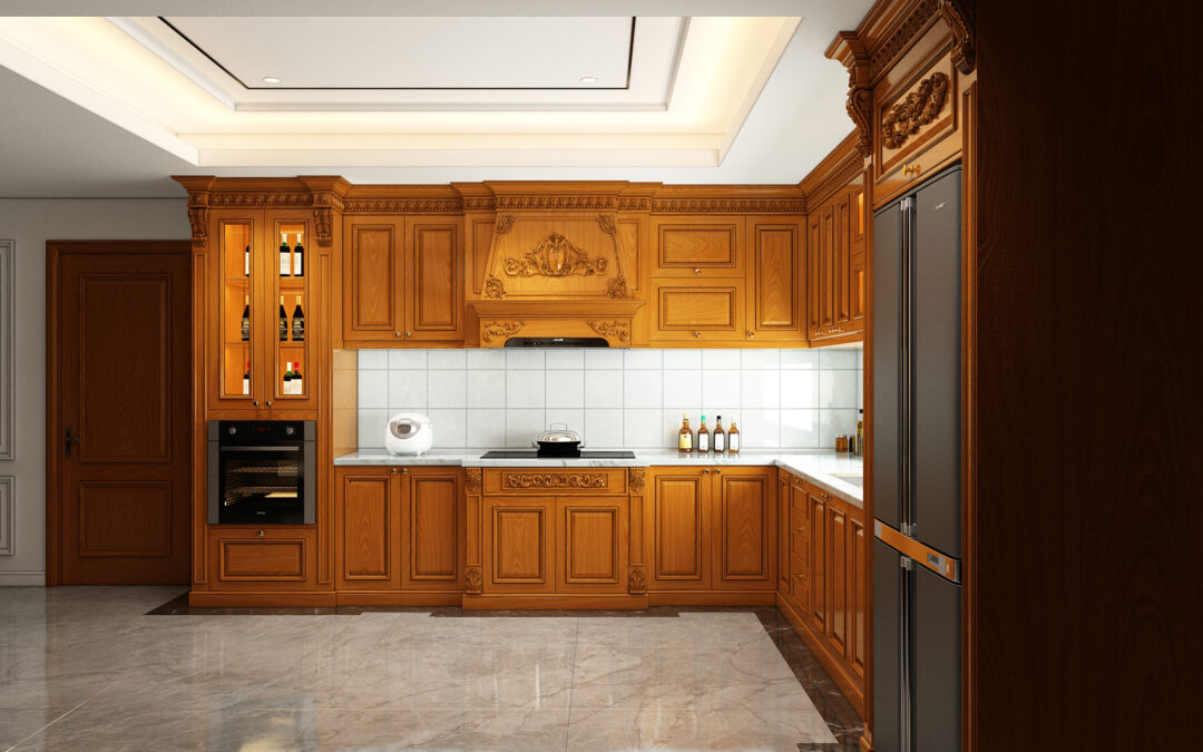 Tủ bếp gỗ gõ đỏ Nam Phi chữ L | Miễn 100% phí thiết kế bếp đẹp