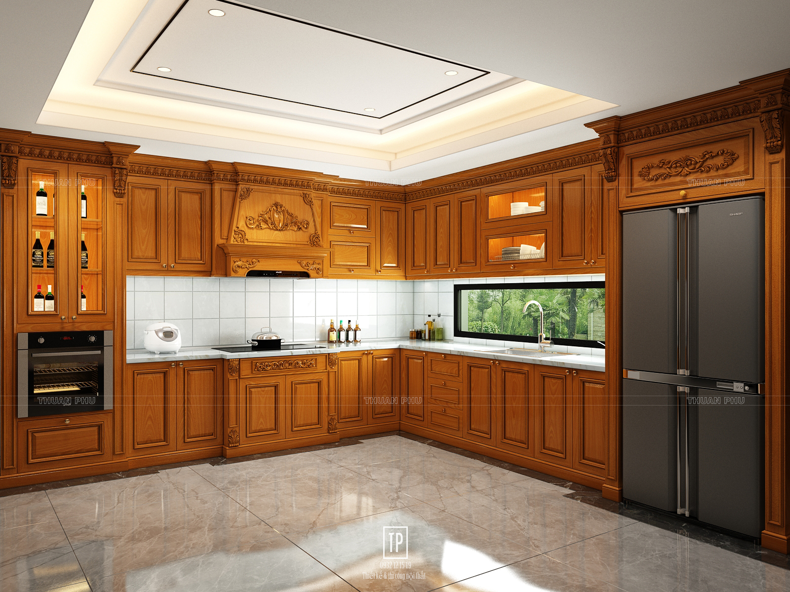 Tủ bếp gỗ gõ đỏ tự nhiên TB18 - Góc nhìn 3