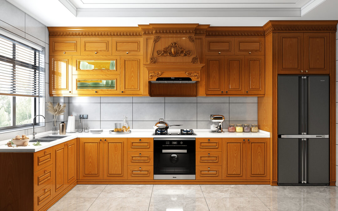 Sản xuất – lắp đặt hoàn thiện tủ bếp gỗ gõ đỏ chữ L