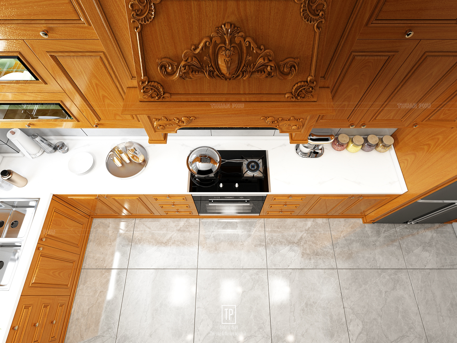 Tủ bếp gỗ gõ đỏ TB19 - Góc nhìn 4
