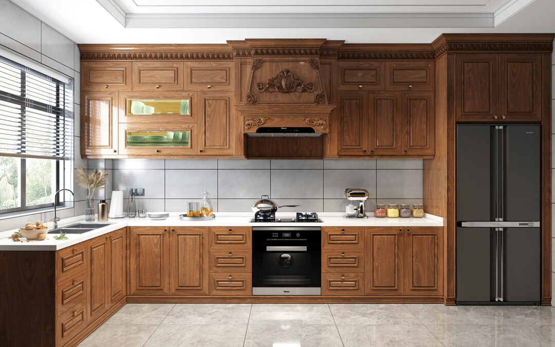 Thiết kế thi công tủ bếp gỗ óc chó (Walnut) chữ L